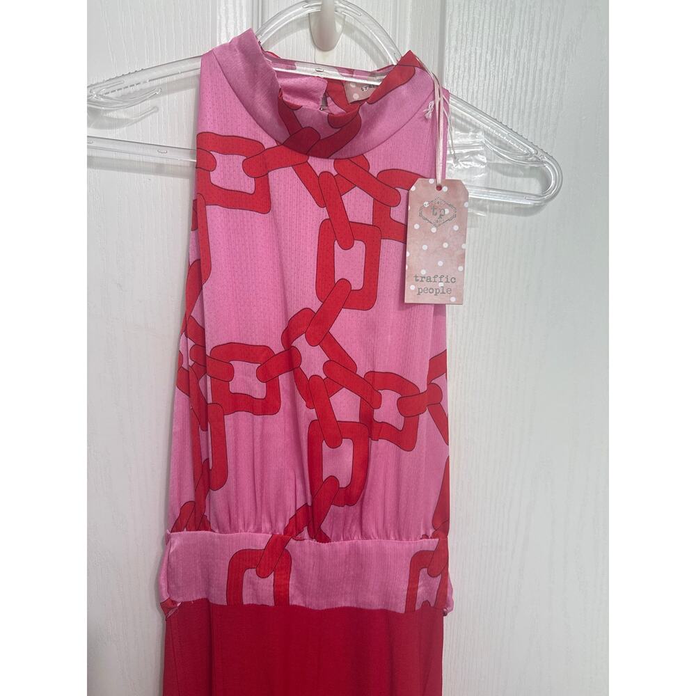 Traffic People NWT Pink/Red Chain Print Halter Jumpsuit Wide Leg Medium Resort - Picture 4 of 13